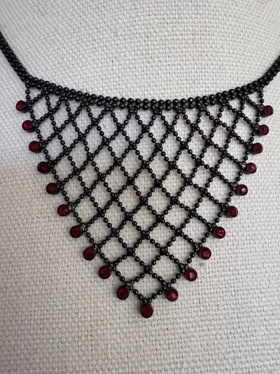 Givenchy Black Mesh Necklace Red Bead Fringe Gothic Bib Statement Signed - Picture 2 of 10